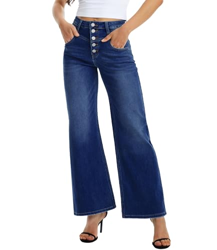 ONESO Womens Wide Leg Jeans Deep Blue High Waisted Button Fly